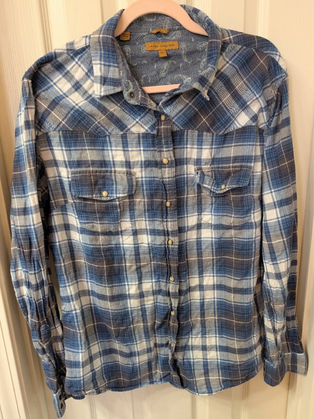 Jacks Girlfriend Snap Button Blue Plaid Paisley Shirt Size XL